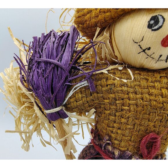 Scarecrow Figure Handmade Fall 7.5 In Wood Base Halloween Pumpkin Harvest Decor - Picture 5 of 15